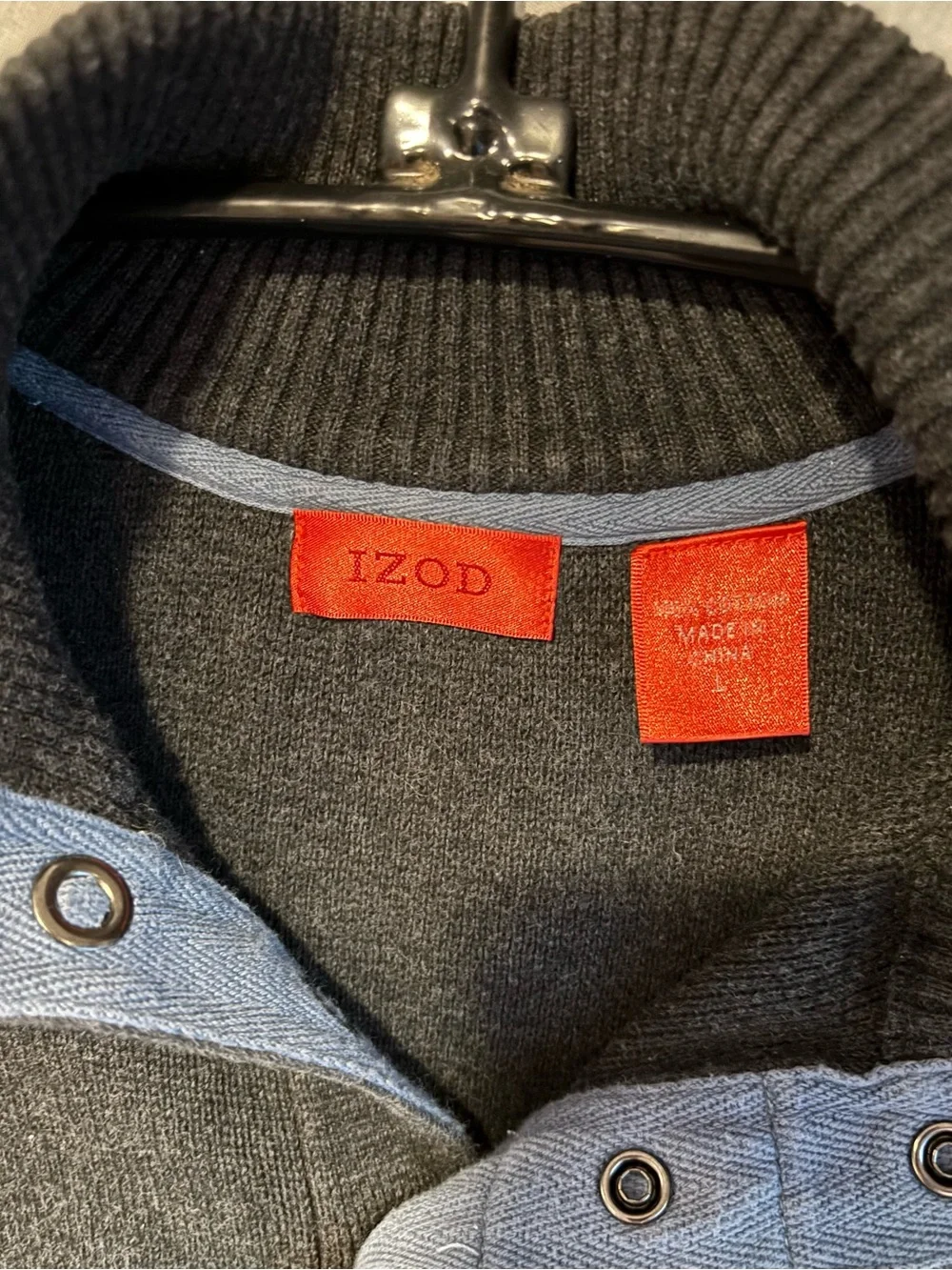 IZOD Mens Large Mock Neck Snap Sweater Charcoal Knit Pullover Casual Golf